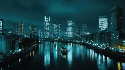 Obraz premium City skyline illuminated by colorful lights over a river at night in a vibrant urban setting