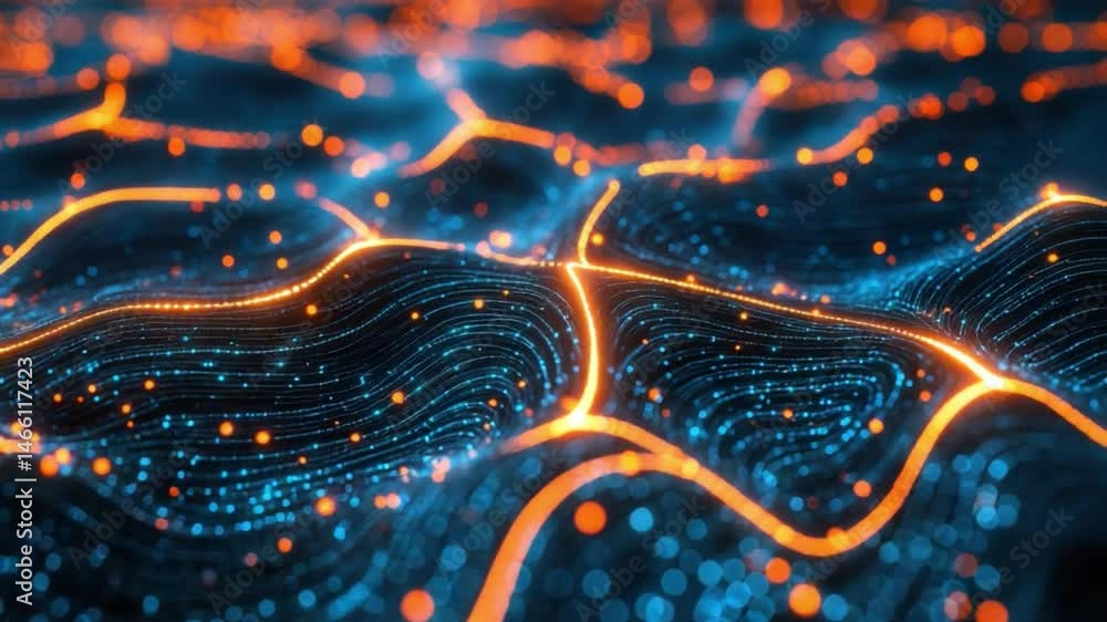 Poster abstract digital landscape with glowing particles creating flowing waves and light trails in blue an