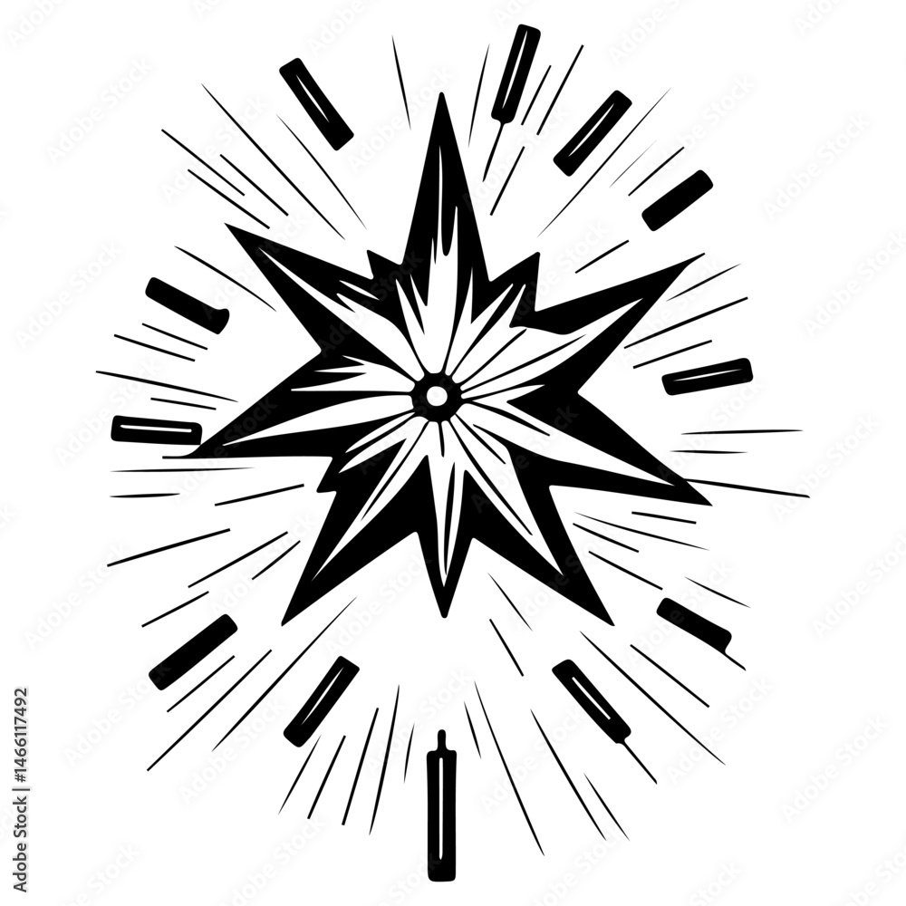 Poster stylized starburst with dynamic radiating lines in high contrast monochrome design