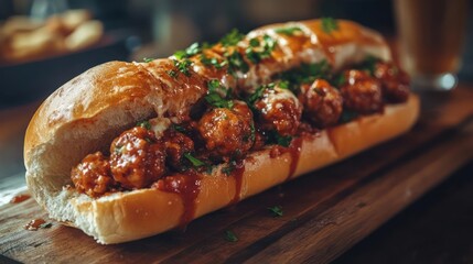 Delicious meatball sub on a crusty roll.