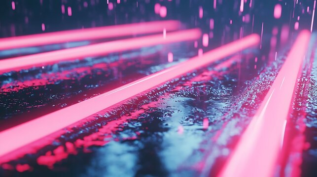 Neon rain streaks across wet concrete