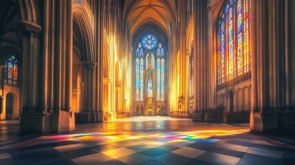 Obraz premium Light filters through stained glass windows creating colorful patterns inside a grand cathedral during afternoon hours