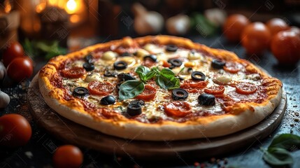 Delicious pepperoni pizza with basil and olives.