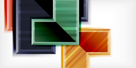 Abstract geometric composition. Overlapping rectangles create dynamic visual effect. Colors range from orange, green, blue, black. Minimalist design.