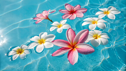 Summer-inspired flowers floating on water. Light blue background. Minamo. Image of summer. Summer sale. Cool. Coolness.