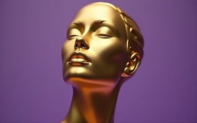 Golden abstract face sculpture against purple background. High quality