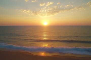 Naklejka premium Golden sunset over the ocean. Gentle waves crash on a sandy shore