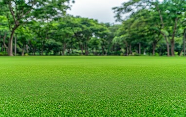 Obraz premium Lush green lawn in a park, out-of-focus trees in background