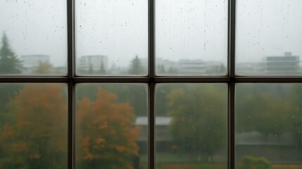 Rainy Day View Through Paned Window Blurry Cityscape and Autumn Trees