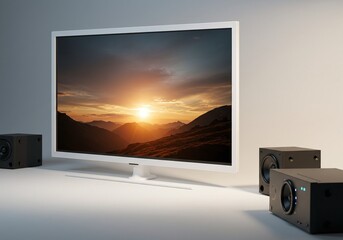 Fototapeta premium Watching Mountain Sunset on Screen with Speakers