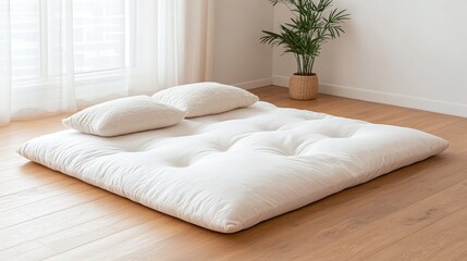 Comfortable White Futon Mattress on Wooden Floor with Two Fluffy Pillows for Relaxing Bedroom Design