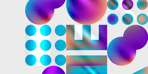 Abstract composition. Vibrant circles, squares, rectangles blend. Purple, blue hues dominate white background. Modern digital art.