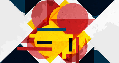 Abstract geometric composition. Overlapping shapes, vibrant colors, textured background create dynamic visual impact. Modern design elements present.