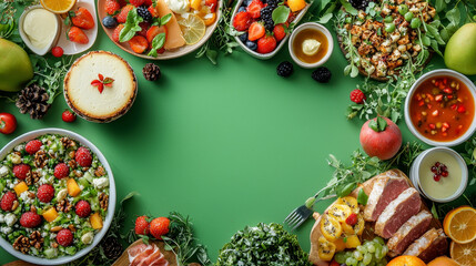 Holiday table setting featuring food Flat lay of sweet cheesecake fruit salad and meat dishes Top view of various meals against a bright green background Copy space banner Framed image