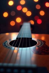 Fototapeta premium Blurred lights, acoustic guitar, musical notes overlay, blurred, melody, detail