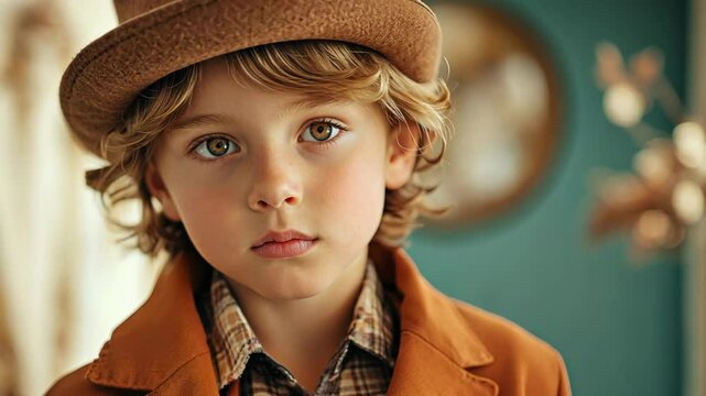 close up portrait young boy wearing hat and jacket with plaid shirt look cool at home