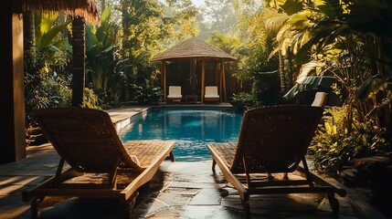 Tranquil poolside view with two lounge chairs, tropical plants, and gazebo at sunrise.