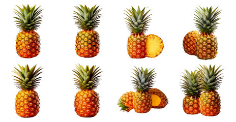 Fresh Pineapples Collection with Different Cuts and Perspectives, Isolated on Transparent, white background