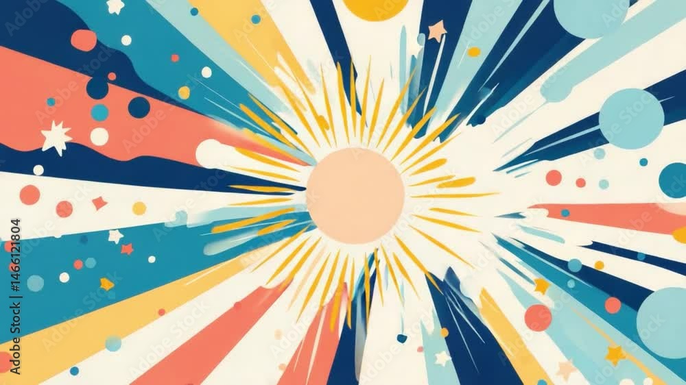 Poster vibrant abstract sunburst design with colorful rays and dynamic patterns in warm and cool tones 4k v