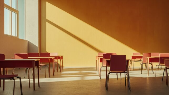 Empty classroom bathed in golden sunlight.  Rows of simple red tables and chairs fill the space.  A large window lets in light