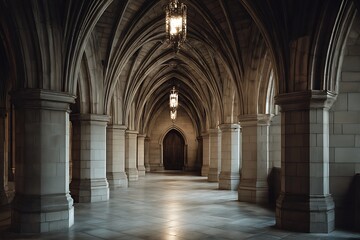 A beautiful fantasy interior of an empty throne room, with a marble floor featuring intricate patterns and silver trim with window light rays.