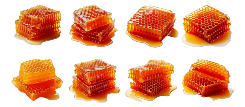 Fresh Honeycomb Pieces with Dripping Honey on White Background, Isolated on Transparent, white background