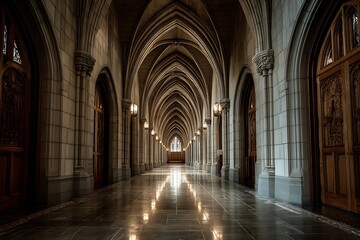 Fototapeta premium A beautiful fantasy interior of an empty throne room, with a marble floor featuring intricate patterns and silver trim with window light rays.