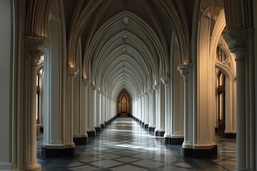 Fototapeta premium A beautiful fantasy interior of an empty throne room, with a marble floor featuring intricate patterns and silver trim with window light rays.