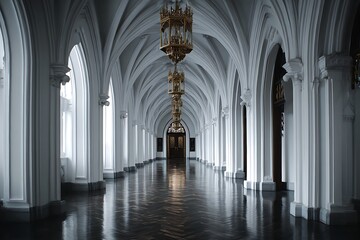 Fototapeta premium A beautiful fantasy interior of an empty throne room, with a marble floor featuring intricate patterns and silver trim with window light rays.