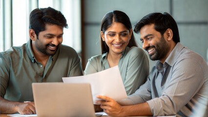 Indian Coworkers Smiling While Reviewing Project Together Indoors	
