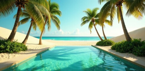 Fototapeta premium Emerald water pool amidst towering palms; shimmering sand dunes surround , yellow, gold