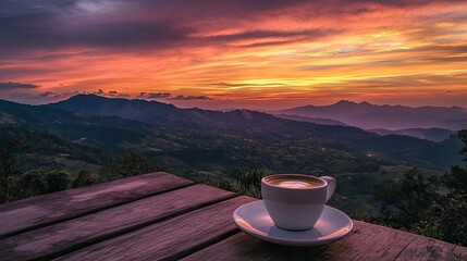 Coffee delight amid stunning landscape, with sunset over misty mountains