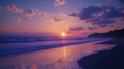 Enchanting ocean sunset with vivid colors and gentle waves at shore
