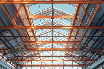 Industrial roof structure with skylights and beams.