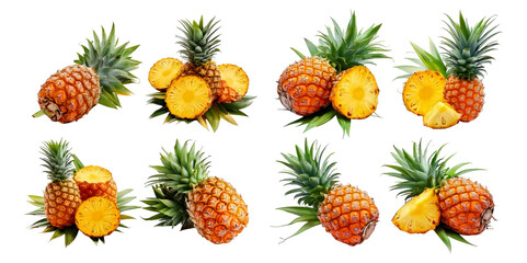 Fresh Pineapples Slices with Green Leaves Isolated on White Background, Isolated on Transparent, white background