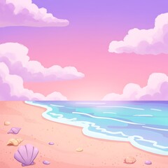 Pastel Beach Sunset, Calm Ocean, Seashells