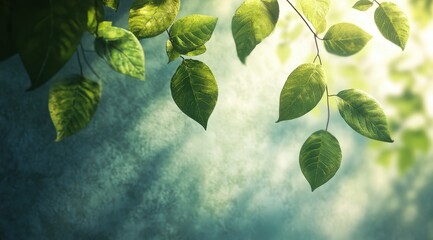 Fresh green leaves in sunlight against a soft teal background