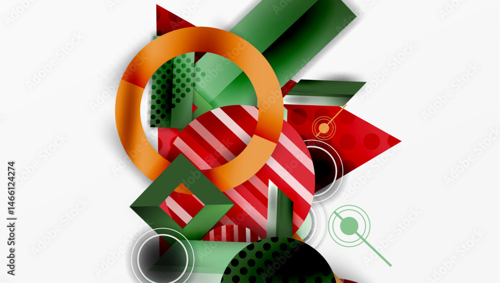 Poster Abstract geometric composition. Red, green, orange shapes overlap. Circles, rectangles create dynamic visual effect. Modern design.