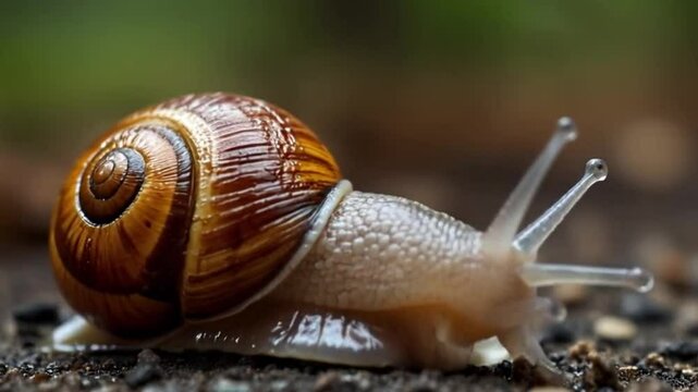 Close-up of a snail crawling on dark soil.  Its shell displays intricate spirals
