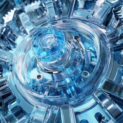 Blue transparent gear mechanism industrial design concept