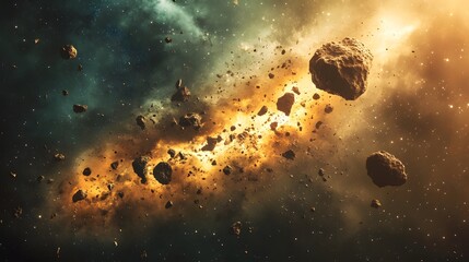 Asteroid Breaking Apart: An asteroid breaking apart into smaller fragments, with dust and debris scattering in all directions. 
