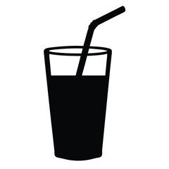 drinking straw in glass vector silhouette icon, black and white illustration of drinks.