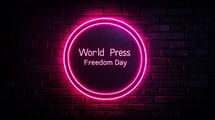 Celebrate World Press Freedom Day with a vibrant neon sign design on a brick wall background.