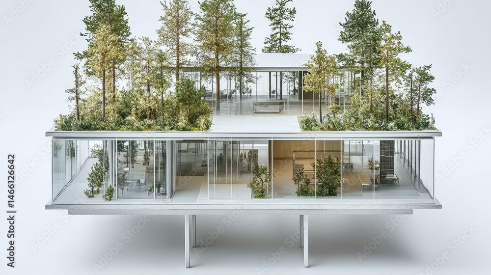 Poster architectural model showcasing sustainable design integration with nature blending modern structure 