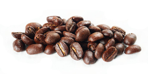 Pile of Dark brown roasted coffee beans isolated on white background, Raw processed food for drinks refreshment