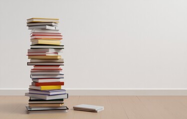Tall stack of colorful books against a plain white wall, a smaller book rests on the floor. Learning, knowledge, and education concept.