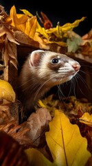 Obraz premium Playful ferret hiding and seeking in a colorful pile of autumn leaves in a natural setting