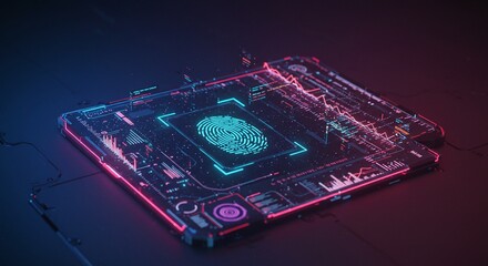Scanning Fingerprint on Futuristic Digital Interface with Glowing Neon Accents