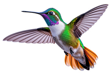 Obraz premium Colorful Hummingbird in Mid-Flight Against White Background