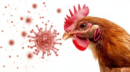 chicken and a virus cell, avian influenza, bird flu background, disease, biosecurity, 16:9